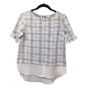 Elle Women's White Plaid Mock-Layer Short Sleeve Boat Neck Keyhole Top XS